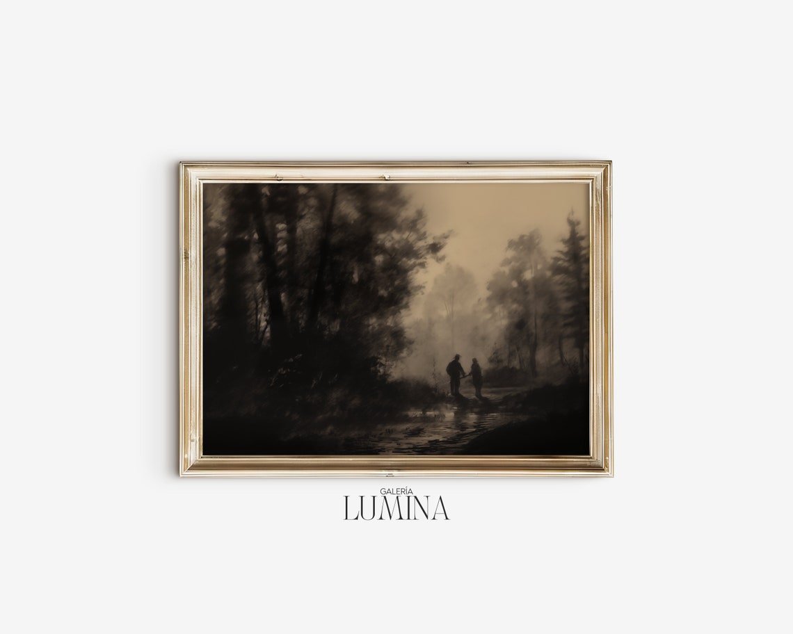 Two Men In The Dark Forest Original Painting Woodsman Print Dark Moody Wall Art Black White Drawing Art Frame Tv Art 076 - Image 2