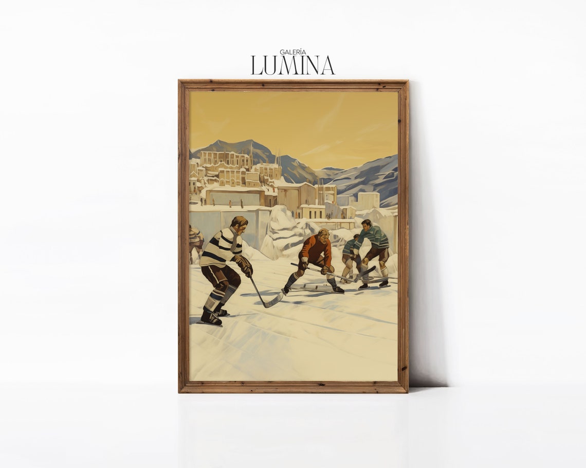 Vintage Ice Hockey Painting Winter Sports Wall Art Mountains Landscape Teen Boys Bedroom Wall Decor Art Frame Tv Art 199 - Image 3