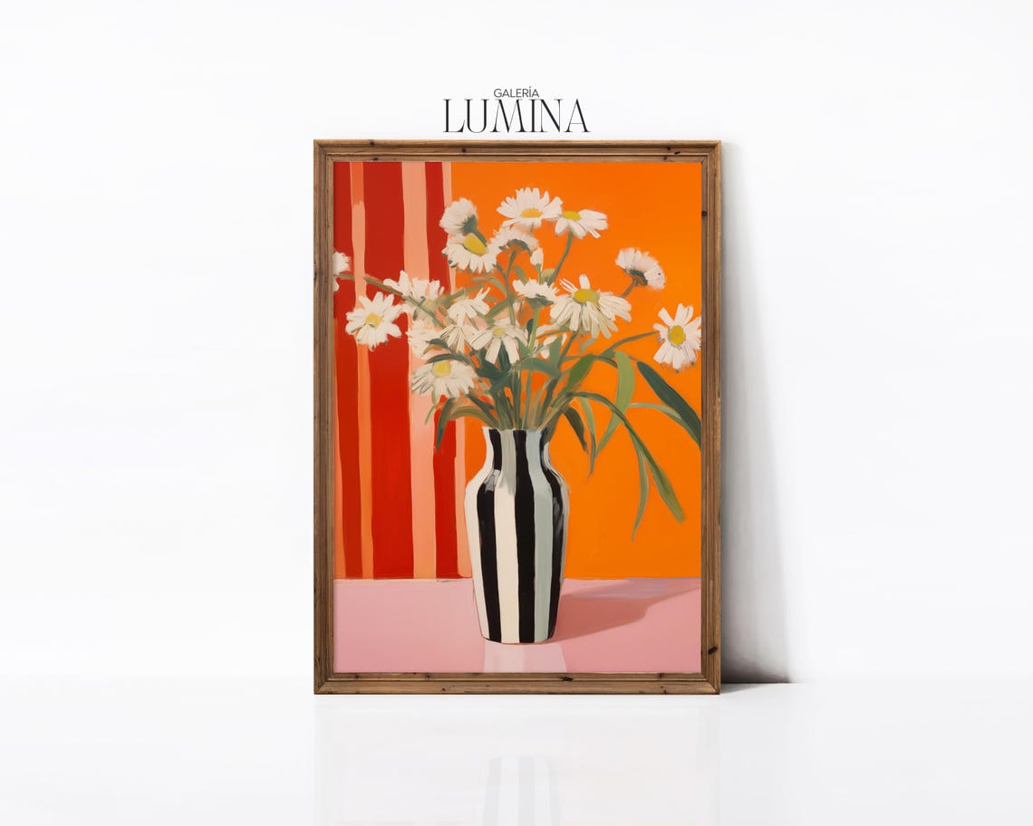 White Daisies in Striped Vase Bold Orange Floral Still Life Art Poster - Image 2