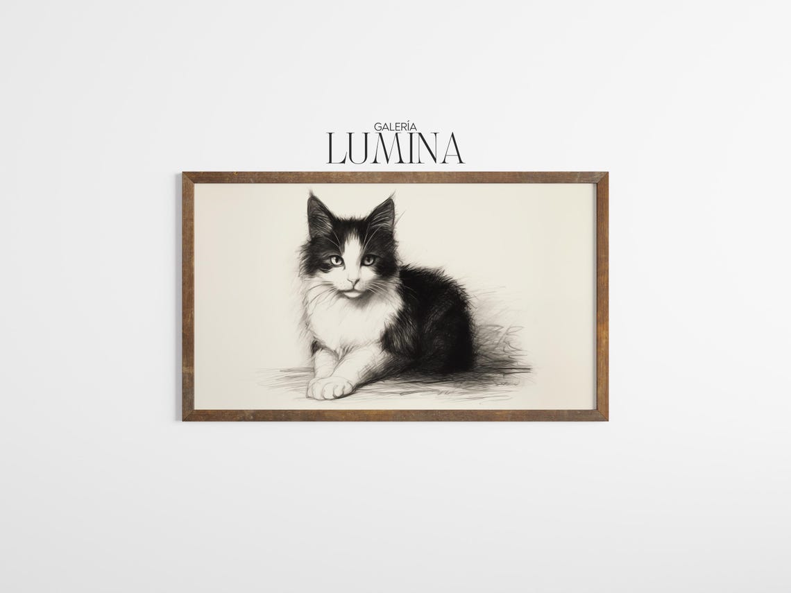 Black and White Cat Portrait Minimalist Sketch Drawing Animal Poster - Image 3