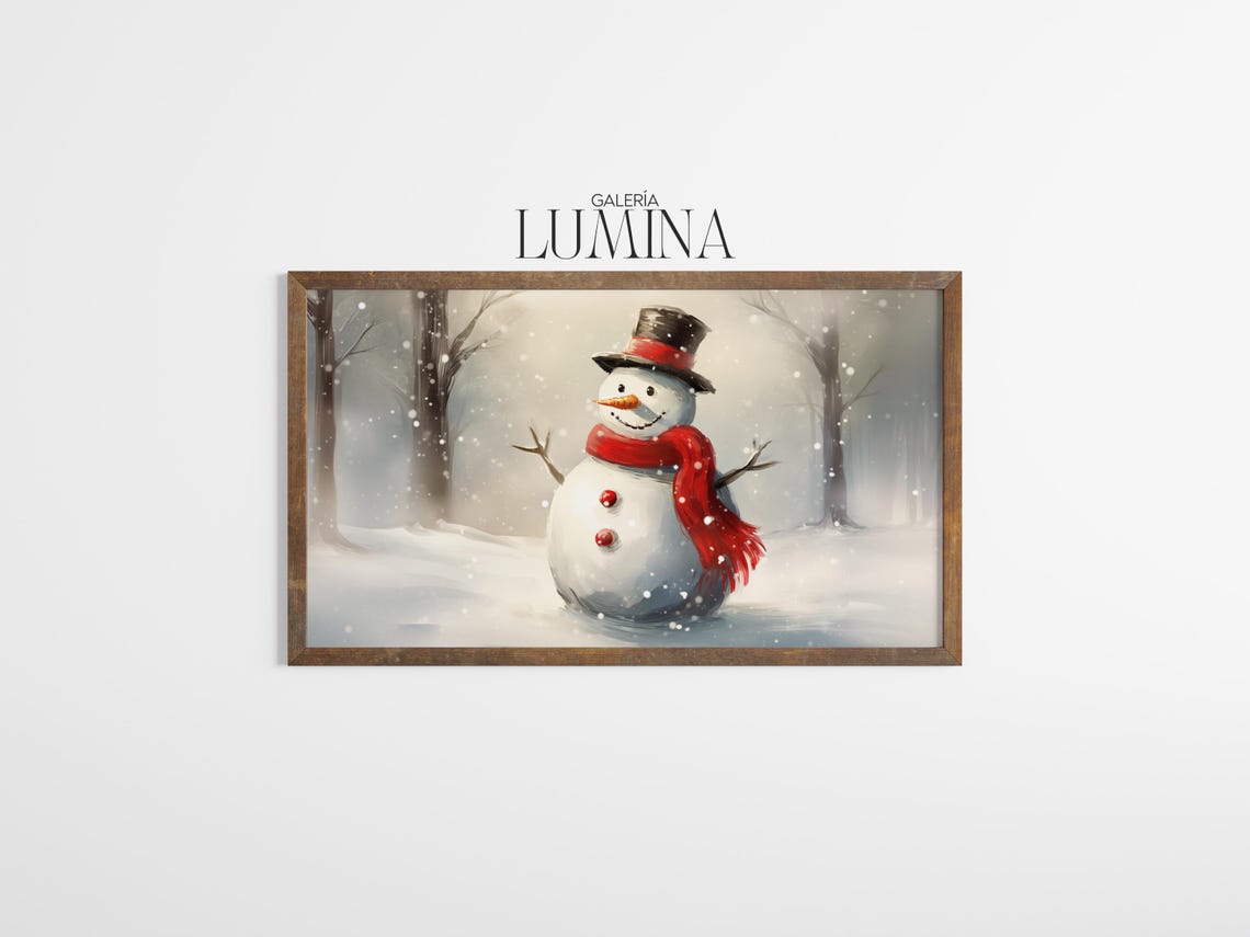 Snowman With Top Hat in a Snowy Forest Vintage Winter Scene Poster - Image 3
