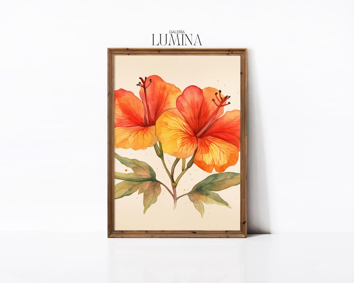 Orange Hibiscus Watercolor Tropical Flower Blossoms Art Poster - Image 2
