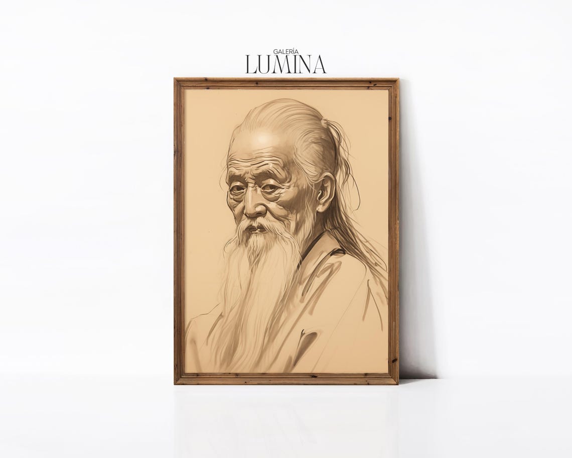 Wise Elderly Asian Sage Portrait Drawing Long Beard Sketch Art Poster - Image 2