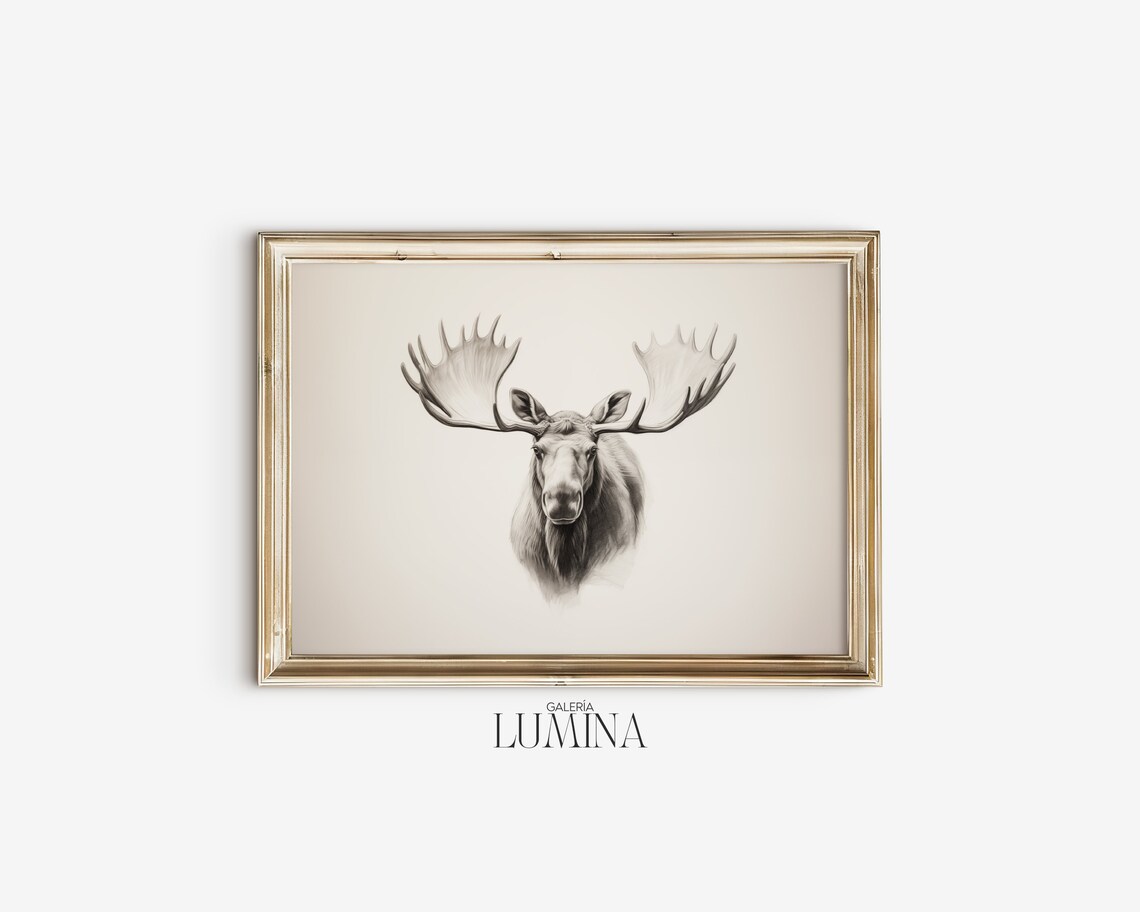 Moose Head Pencil Sketch Antlers Neutral Wildlife Drawing Poster - Image 2