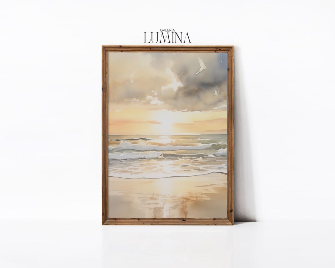 Beach Sunrise Ocean Waves Golden Morning Light Watercolor Poster - Image 2