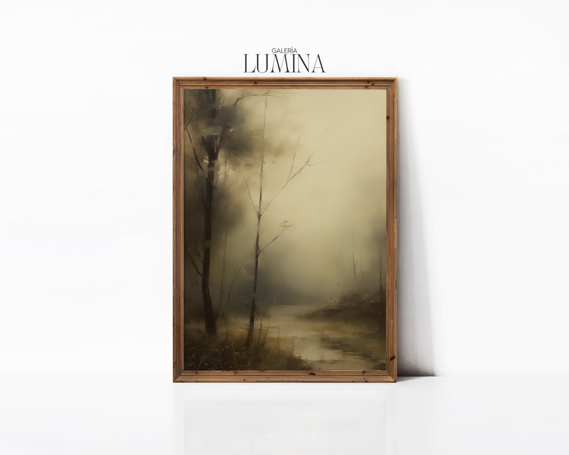 Misty Landscape Oil Painting Moody Foggy Forest Painting Antique Scenery Wall Art Muted Colors Print Art Frame Tv Art 337 - Image 3
