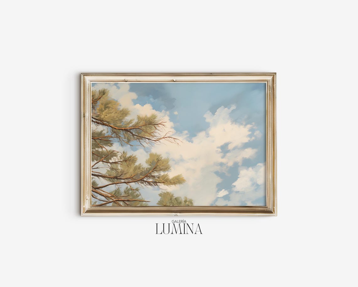 Pine Tree Tops Close Up Still Life Painting Minimalist Cloudy Sky Painting Tree Branches Oil Painting Art Frame Tv Art 582 - Image 2