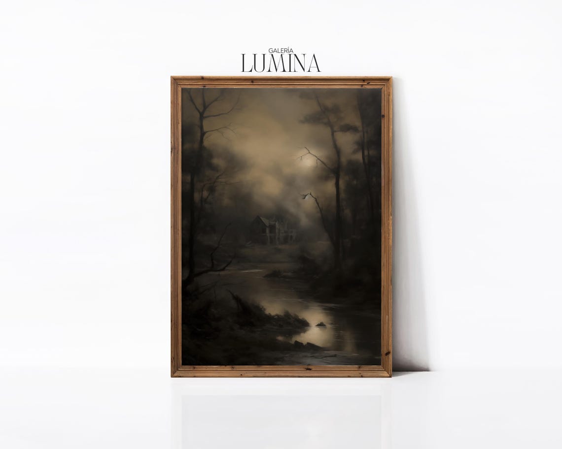 Dark Moody Midnight Forest Moonlight Landscape Oil Painting Poster - Image 3