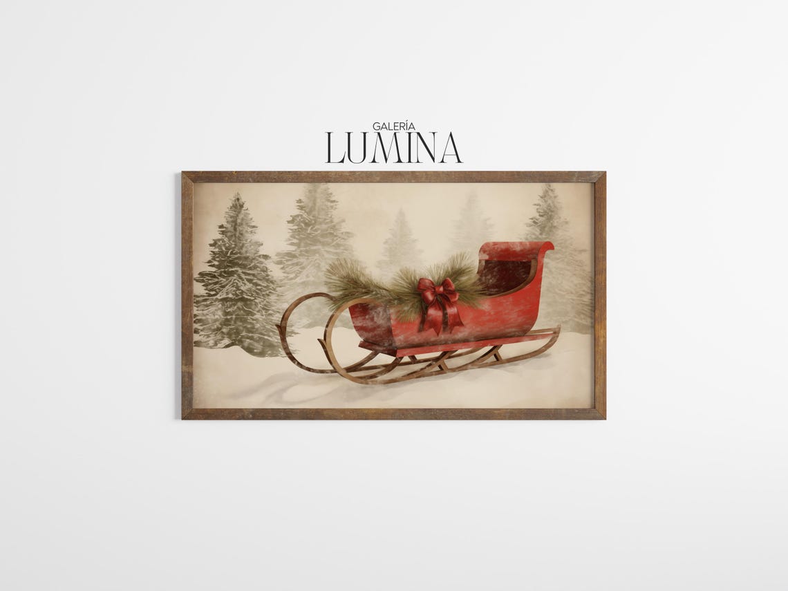 Red Christmas Sleigh With Pine Garland in a Snowy Forest Poster - Image 3