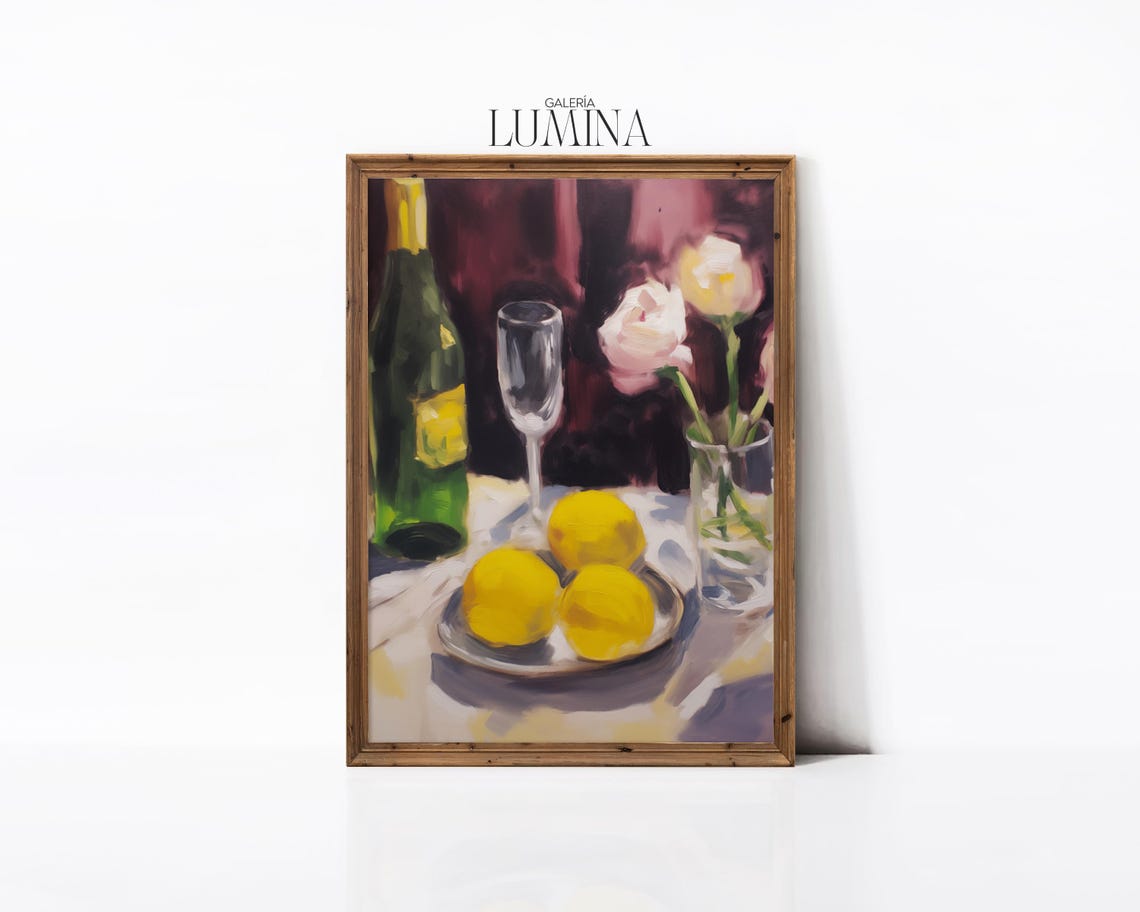 Lemons and Wine Bottle Impressionist Still Life Kitchen Poster - Image 2