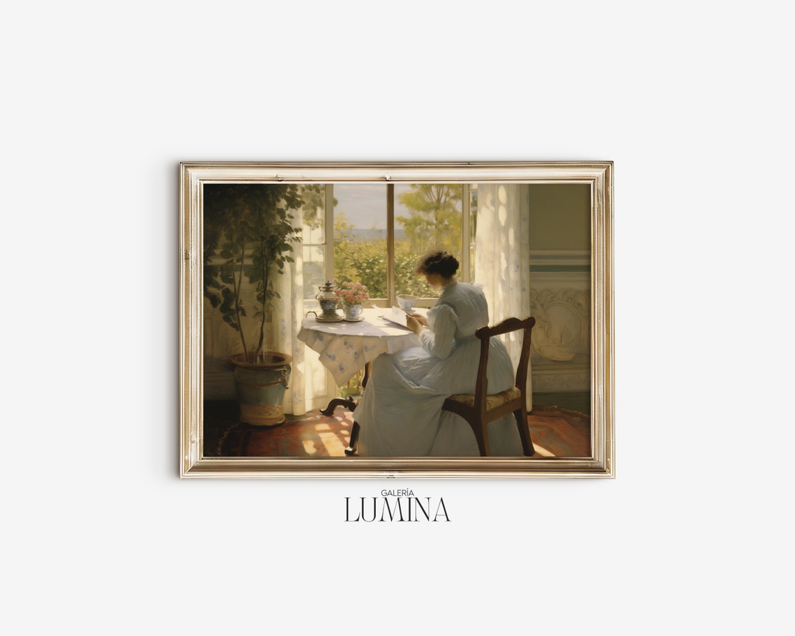 Sunlit Woman Reading a Letter by the Window Impressionist Art Poster - Image 2