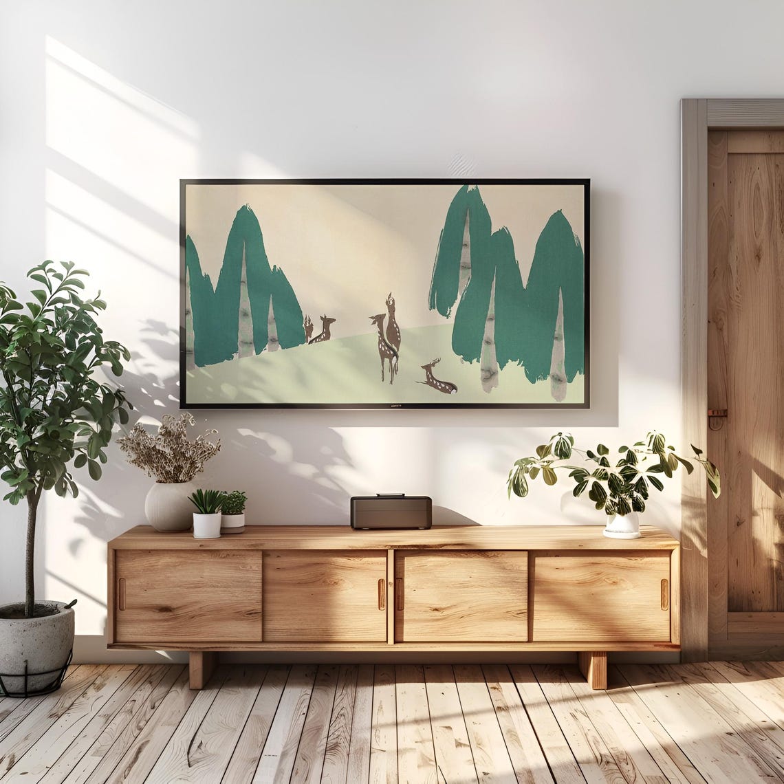 Minimalist Deer Family In Green Hills Modern Landscape Wall Art - Image 4
