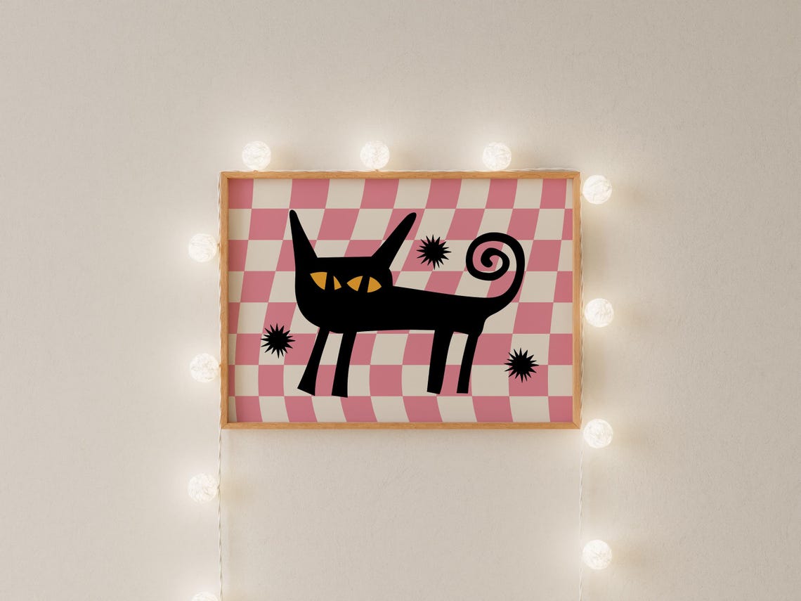 Black Cat Pink Checkered Mid Century Modern Animal Art Poster - Image 3