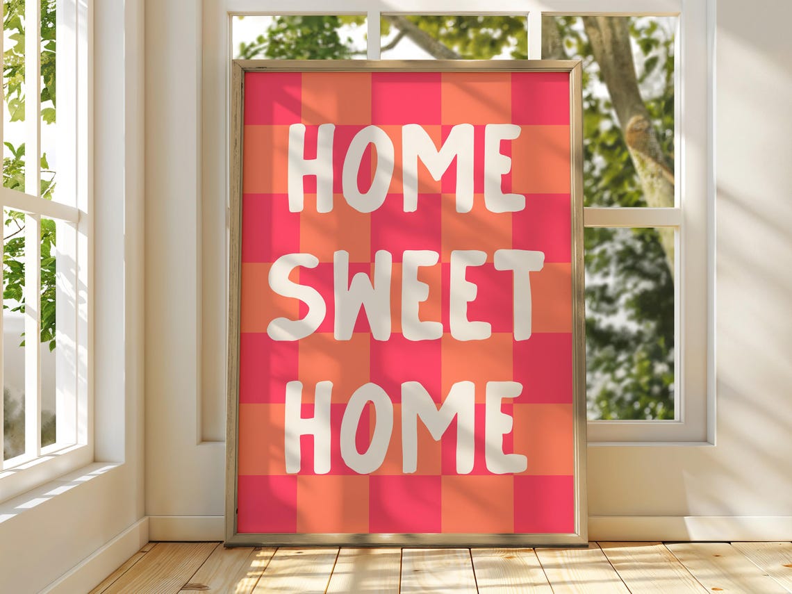 Home Sweet Home Red Orange Checkered Maximalist Quote Poster - Image 4