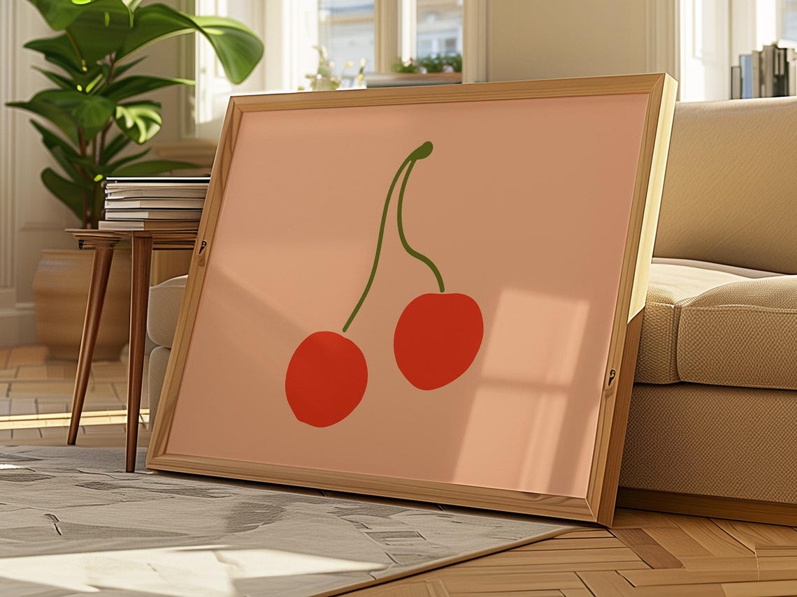 Red Cherries Minimalist Fruit Illustration Peach Background Poster - Image 3