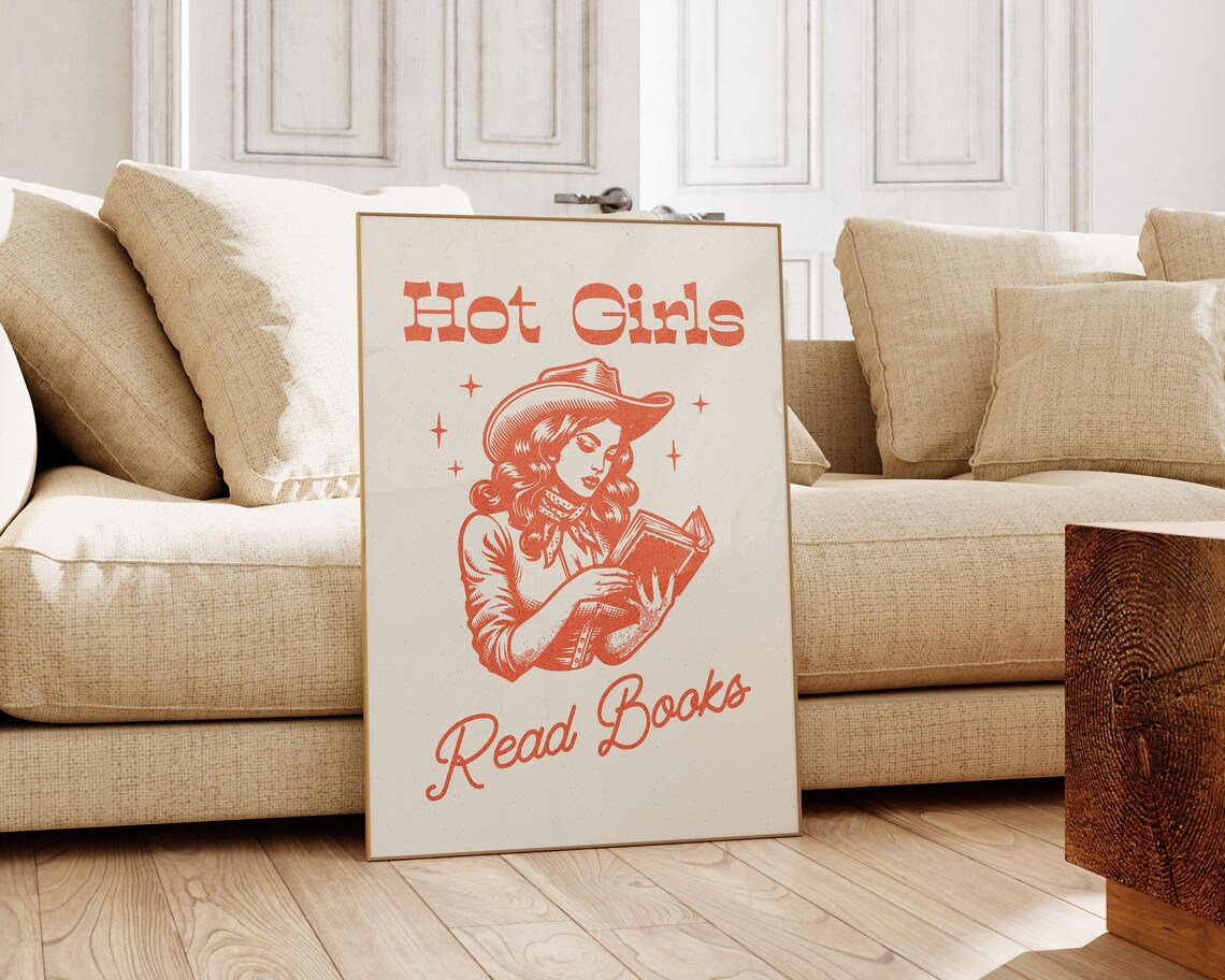 Hot Girls Read Books Retro Cowgirl Reader Western Quote Poster - Image 3