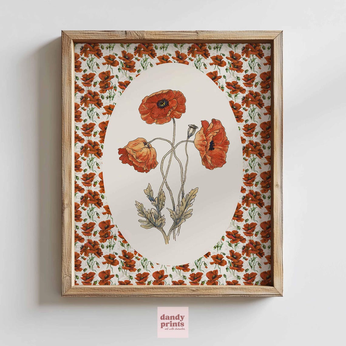 Red Poppies Botanical Illustration With Patterned Border Art Poster