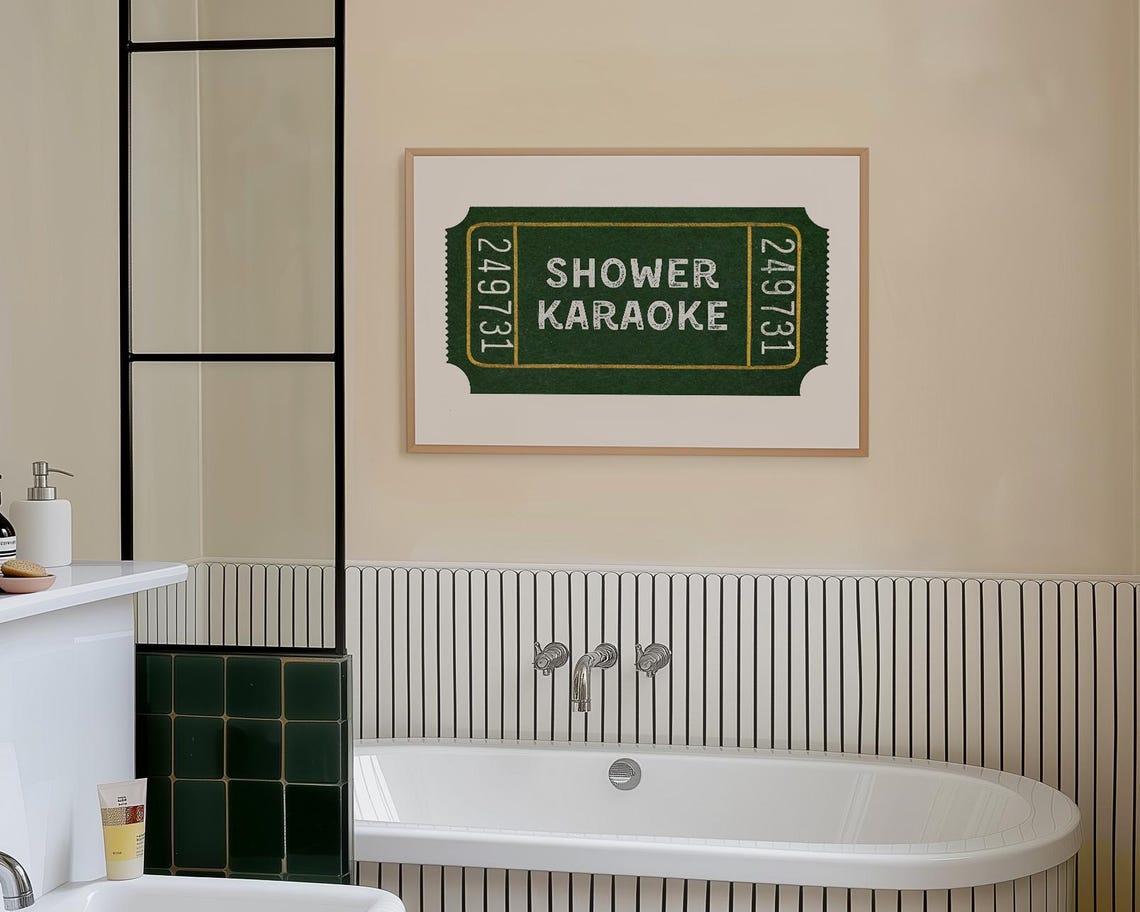 Shower Karaoke Ticket Wall Art Horizontal Vintage Ticket Poster Trendy Wall Art Green Bathroom Decor - Image 3