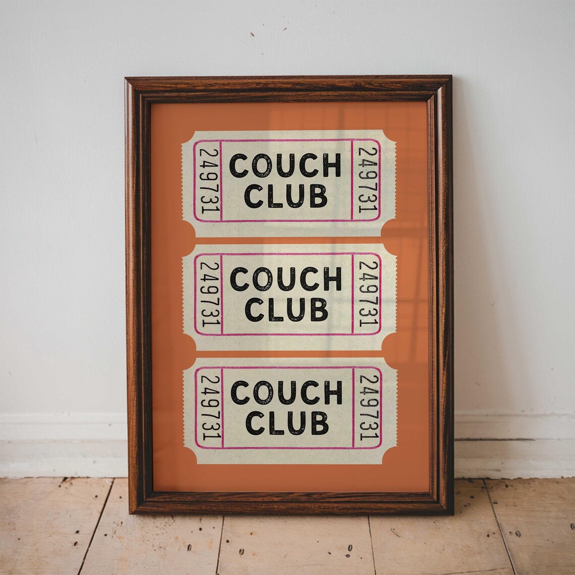 Retro Couch Club Ticket Stub Burnt Orange Living Room Poster