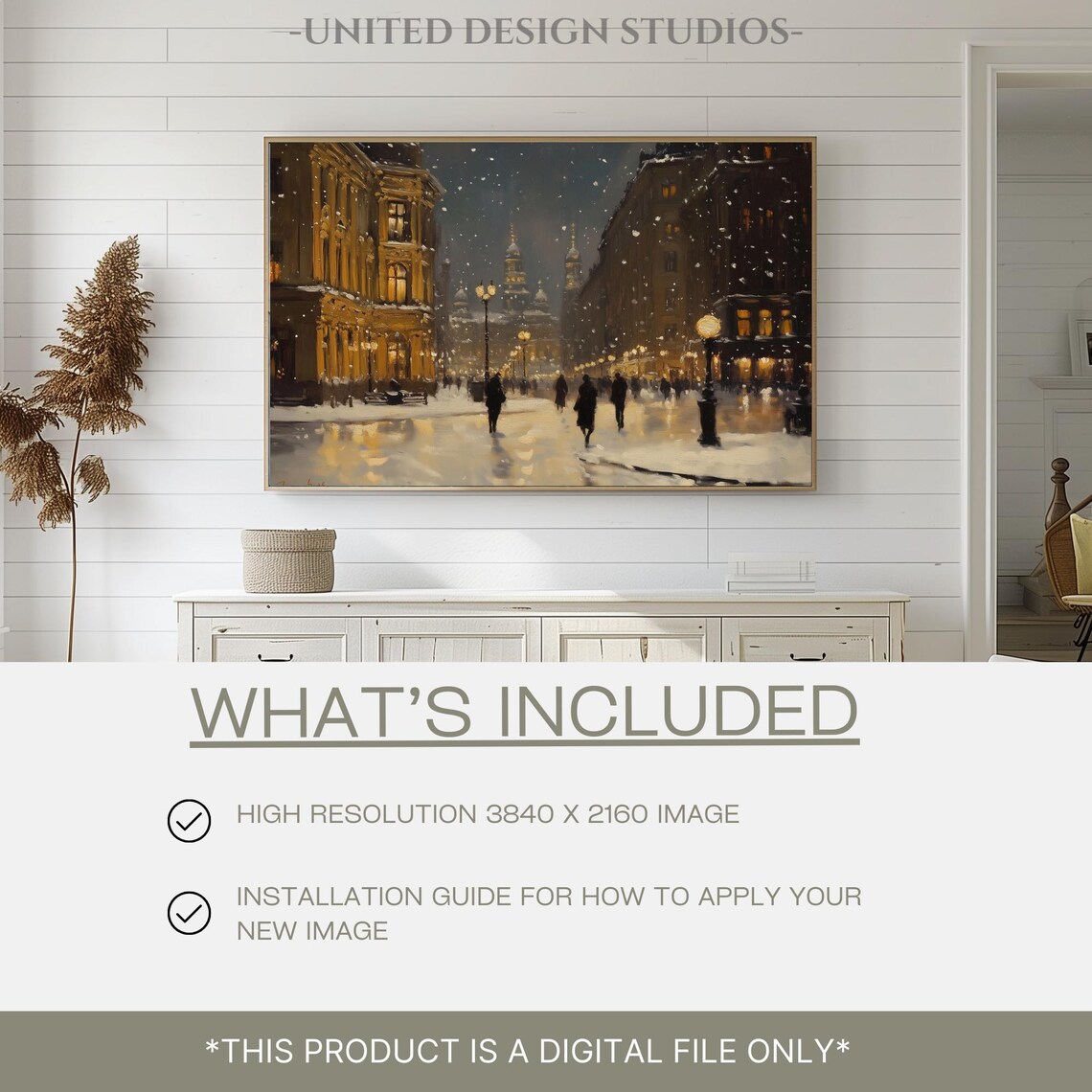 Snowy Grand City Street At Night Glowing Warm Lights Winter Wall Art - Image 2