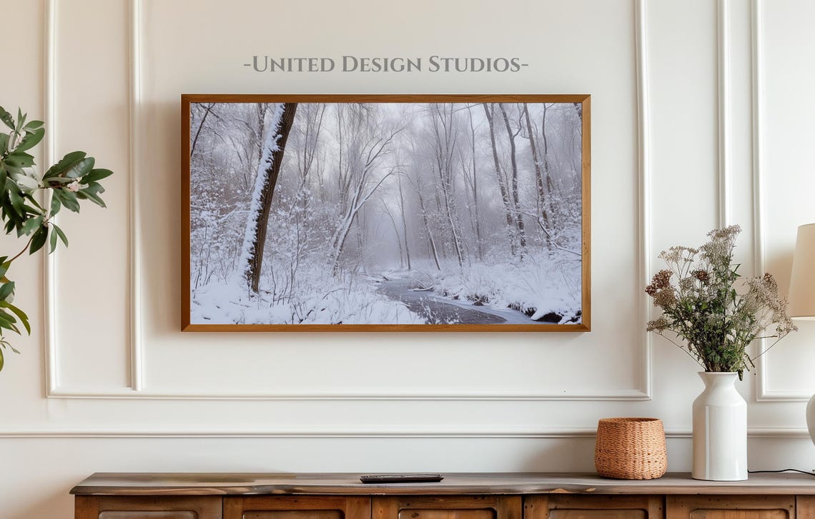 Snowy Winter Forest Stream Misty Monochrome Photography Poster - Image 3
