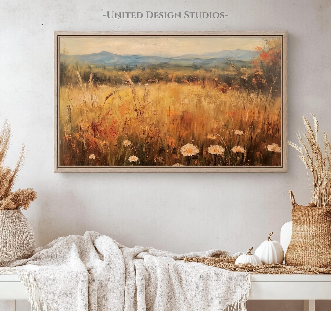 Golden Autumn Meadow Daisies Mountain Valley Fall Landscape Poster - Image 4