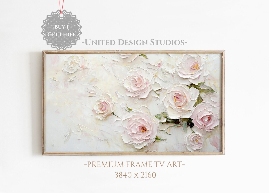 Blush Roses Abstract Textured Spring Floral Oil Painting Wall Art