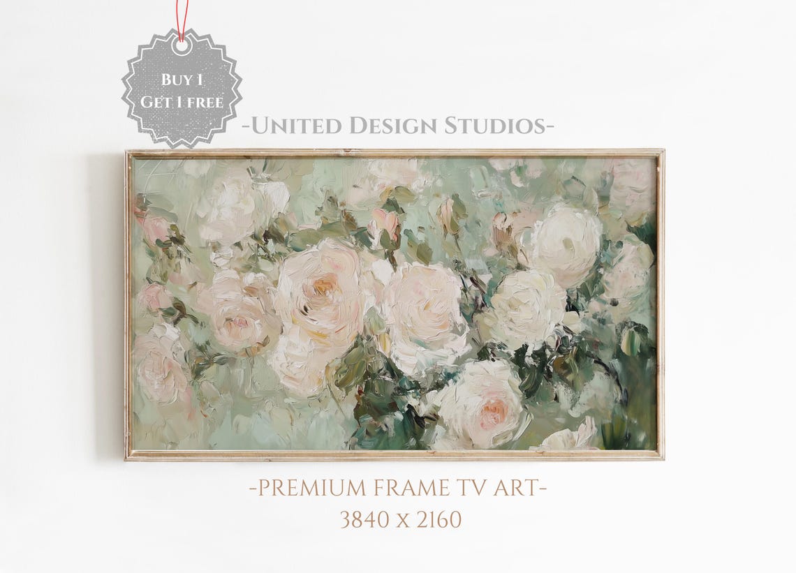 Blush Pink Roses Botanical Textured Oil Painting Frame TV Art Poster