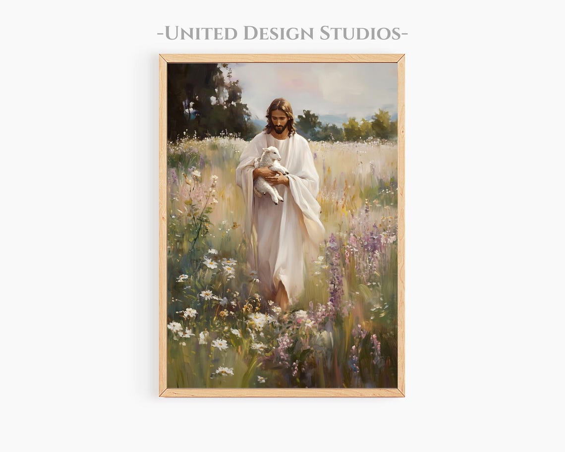Jesus Holding Lamb Wildflower Meadow Christian Shepherd Art Poster