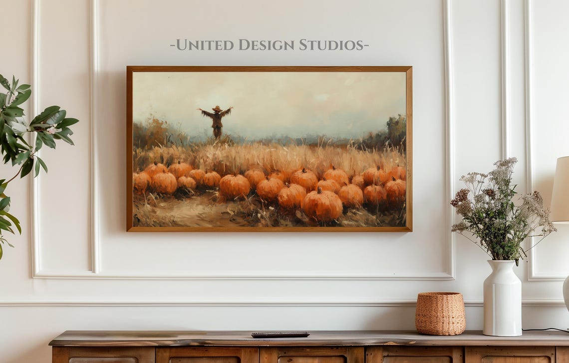 Pumpkin Patch Scarecrow Dusk Harvest Field Fall Oil Painting Poster - Image 3