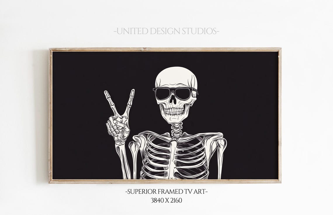 Funny Skeleton Sunglasses Peace Sign Black Halloween Modern Poster
