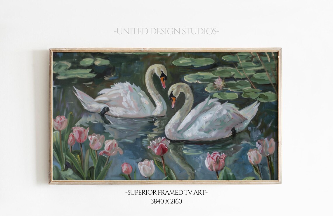 Spring Swan Oil Painting, Neutral Farmhouse Art