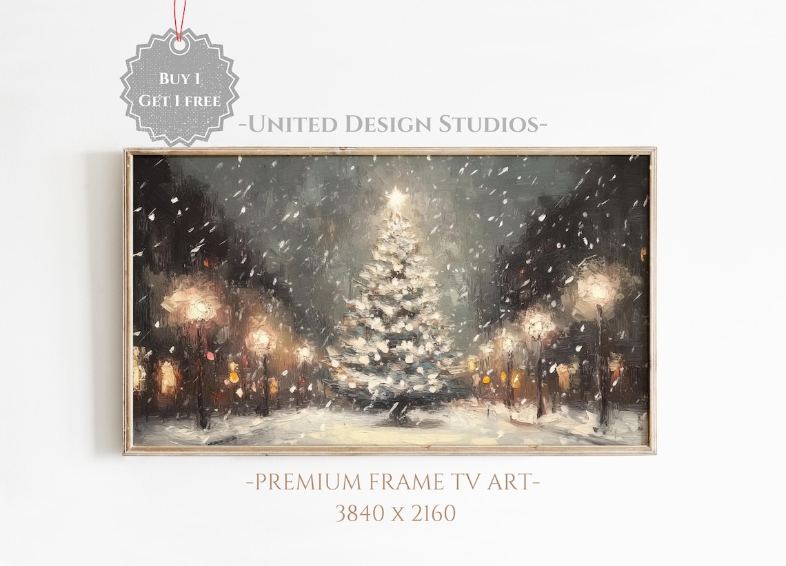 Snowy Christmas Tree Town Square Night Street Lamps Holiday Poster