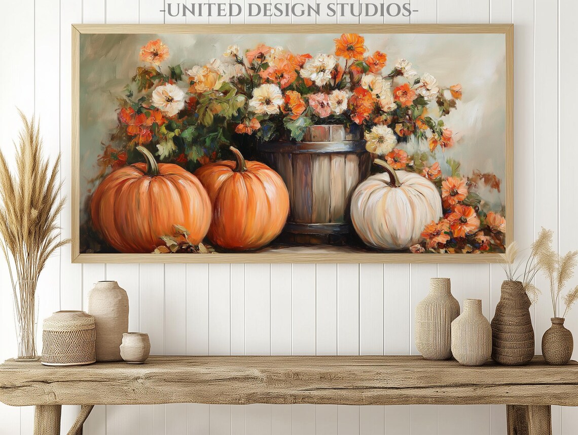 Fall Flowers and Pumpkins Art Print, Farmhouse - Image 2