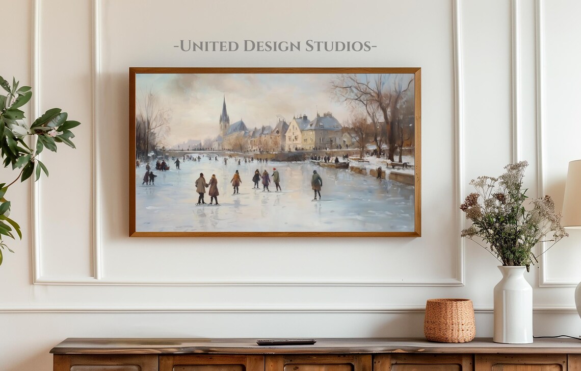 Christmas Ice Skater Village Winter Landscape Art Print - Image 3
