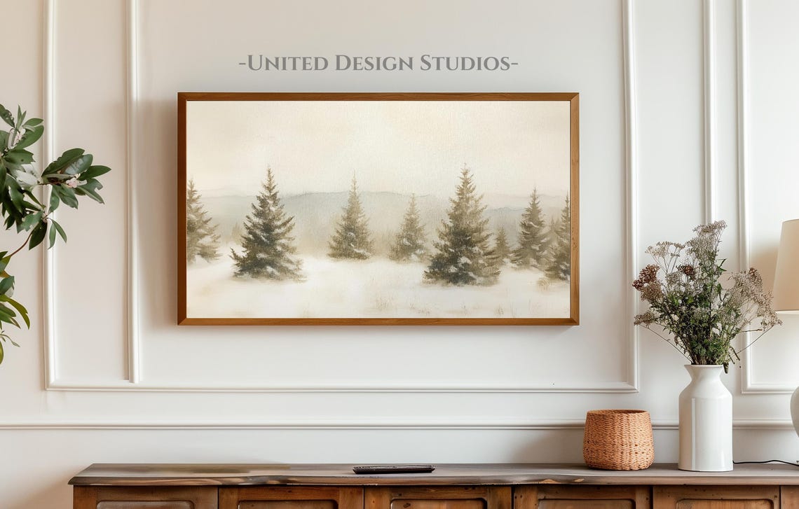 Snowy Evergreen Trees Winter Forest Neutral Landscape Wall Art - Image 4