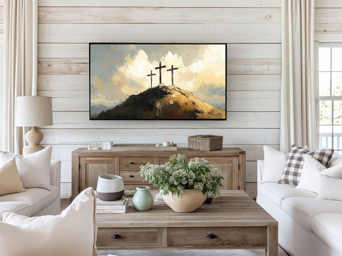 Three Crosses On Calvary Hill Golden Clouds Easter Christian Poster - Image 2