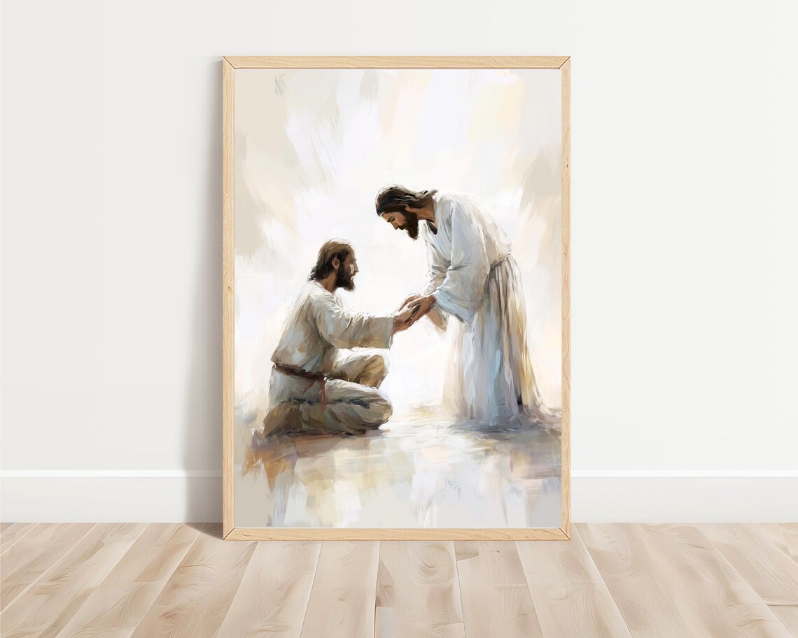 Jesus Reaching To Kneeling Man Healing Touch Soft Watercolor Faith Poster - Image 3