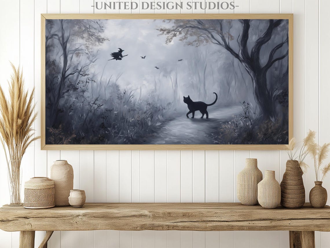 Black Cat Haunted Forest Witch Moon Misty Halloween Spooky Poster - Image 2