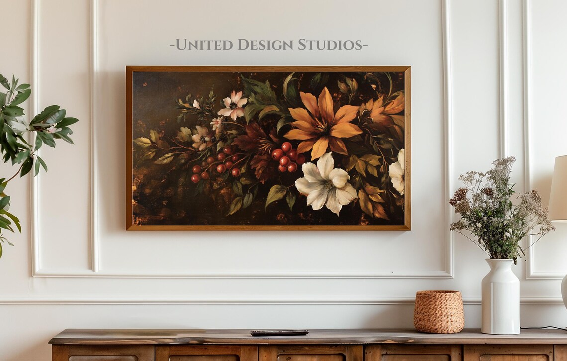 Moody Baroque Fall Flowers Dark Vintage Floral Painting Art Print - Image 3