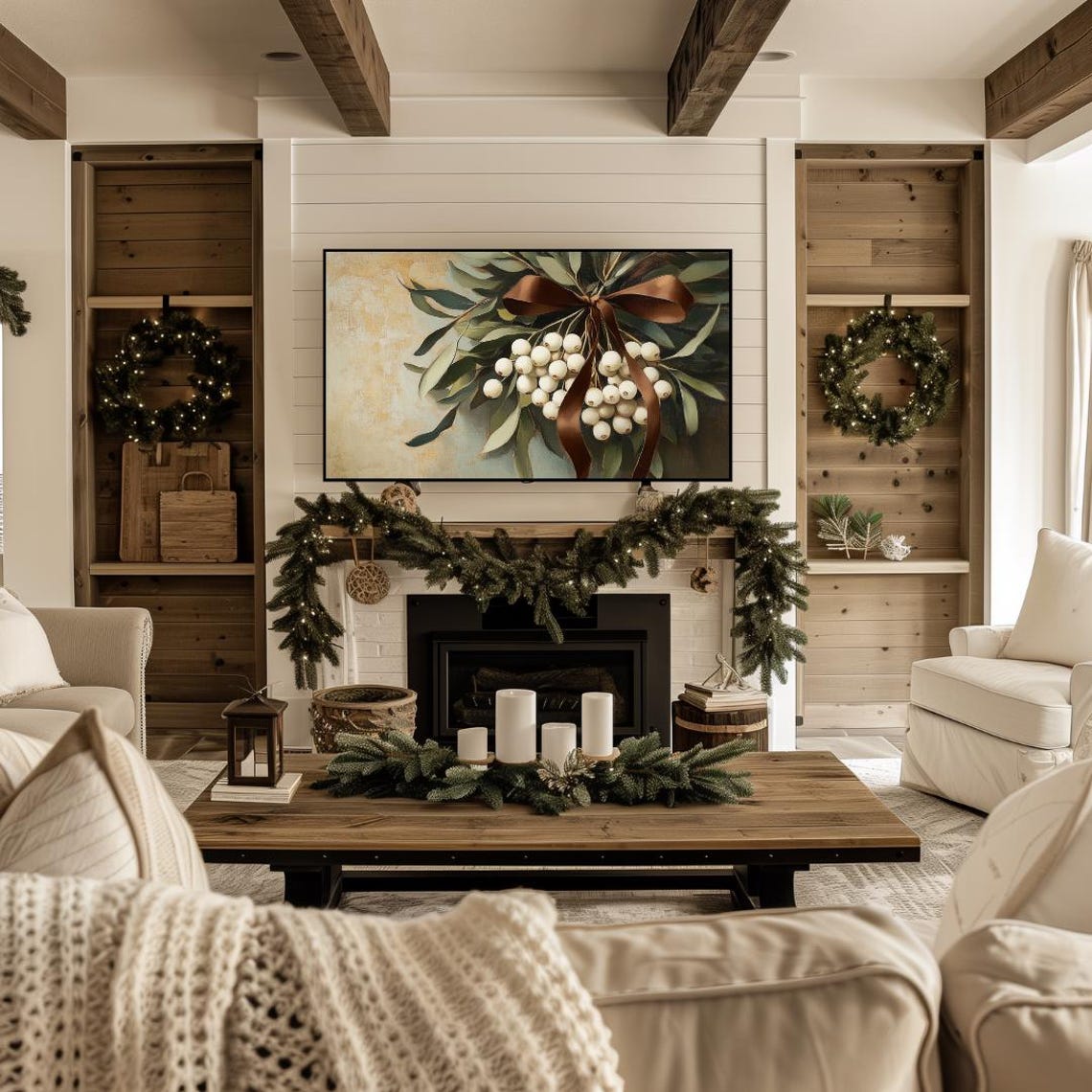 Christmas Mistletoe White Berries Brown Satin Bow Holiday Wall Art - Image 4