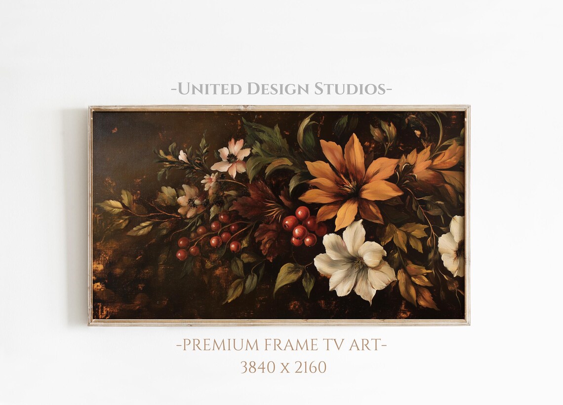 Moody Baroque Fall Flowers Dark Vintage Floral Painting Art Print