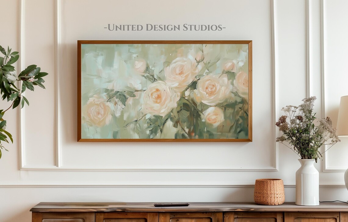 Cream And Blush Roses Oil Painting Sage Green Botanical Wall Art - Image 3