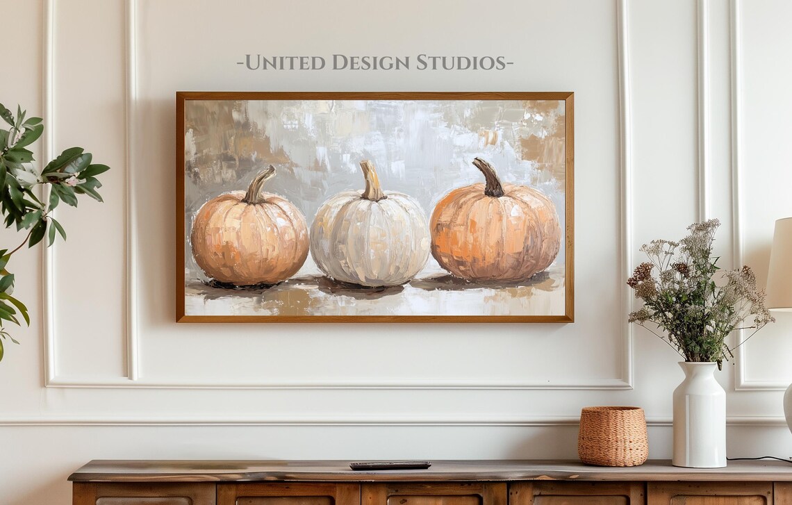 Pumpkin Trio Orange White Textured Oil Painting Rustic Fall Frame TV Poster - Image 3