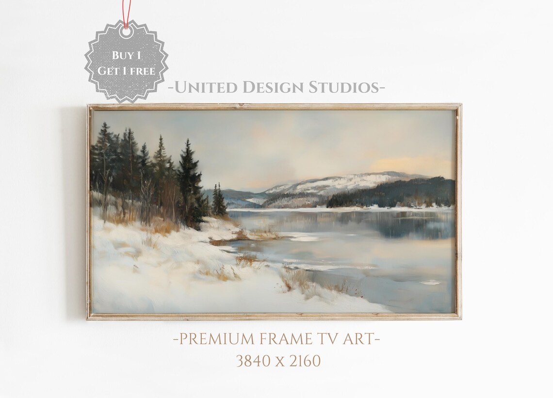 Winter Lake Landscape Art Print, Rustic Holiday Decor