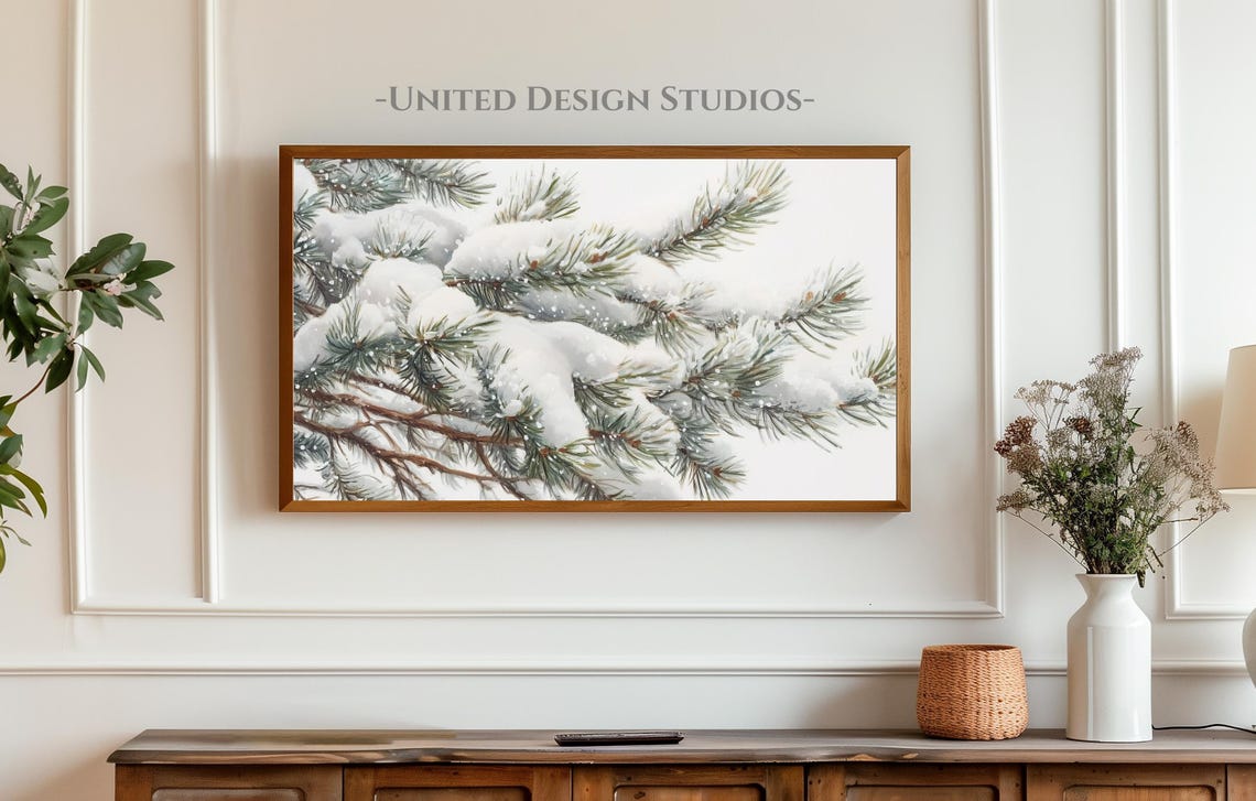 Snowy Pine Branches Winter Close Up Farmhouse Christmas Wall Art - Image 3