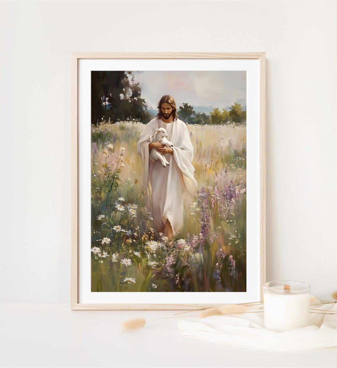 Jesus Holding Lamb Wildflower Meadow Christian Shepherd Art Poster - Image 4