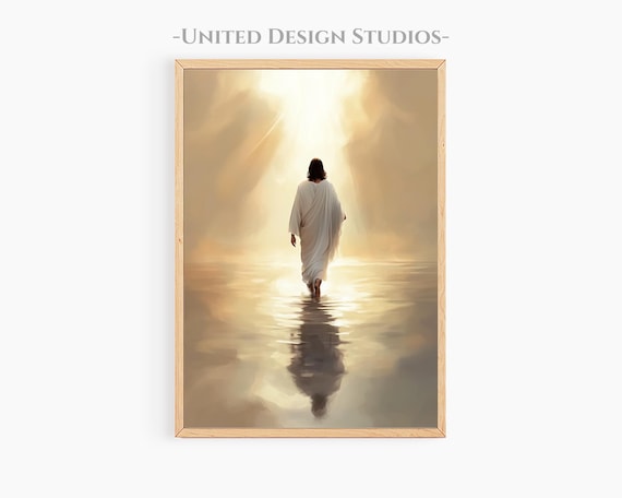 Jesus Walking On Water Heavenly Light Modern Christian Faith Poster