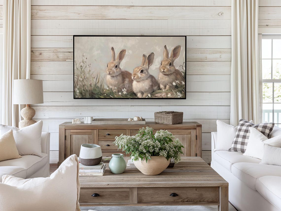 Three Baby Bunnies In Grassy Meadow Neutral Easter Rabbit Wall Art - Image 3