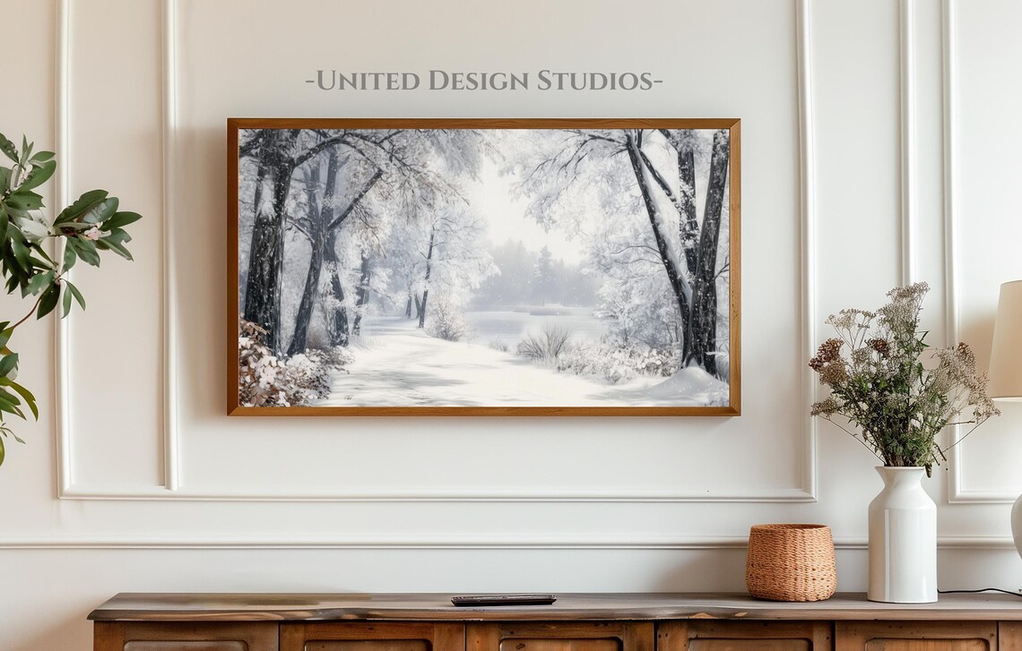 Snowy Forest Lake Frozen Winter Landscape Painting Art Print - Image 3